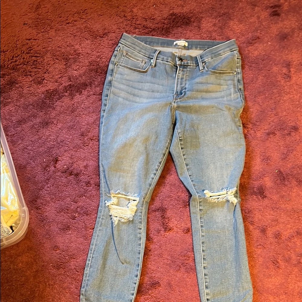 Good American Blue Ankle Cropped Jeans with Distressed Details